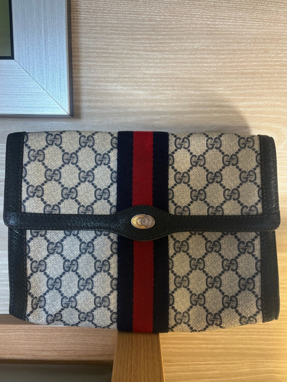 Auth  GUCCI GG Clutch Bag Sherry Line Navy PVC Leather Vintage